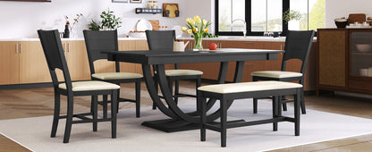 TOPMAX 6-Piece Wood Half Round Dining Table Set Kitchen Table Set with Long Bench and 4 Dining Chairs, Modern Style, Gray image 3