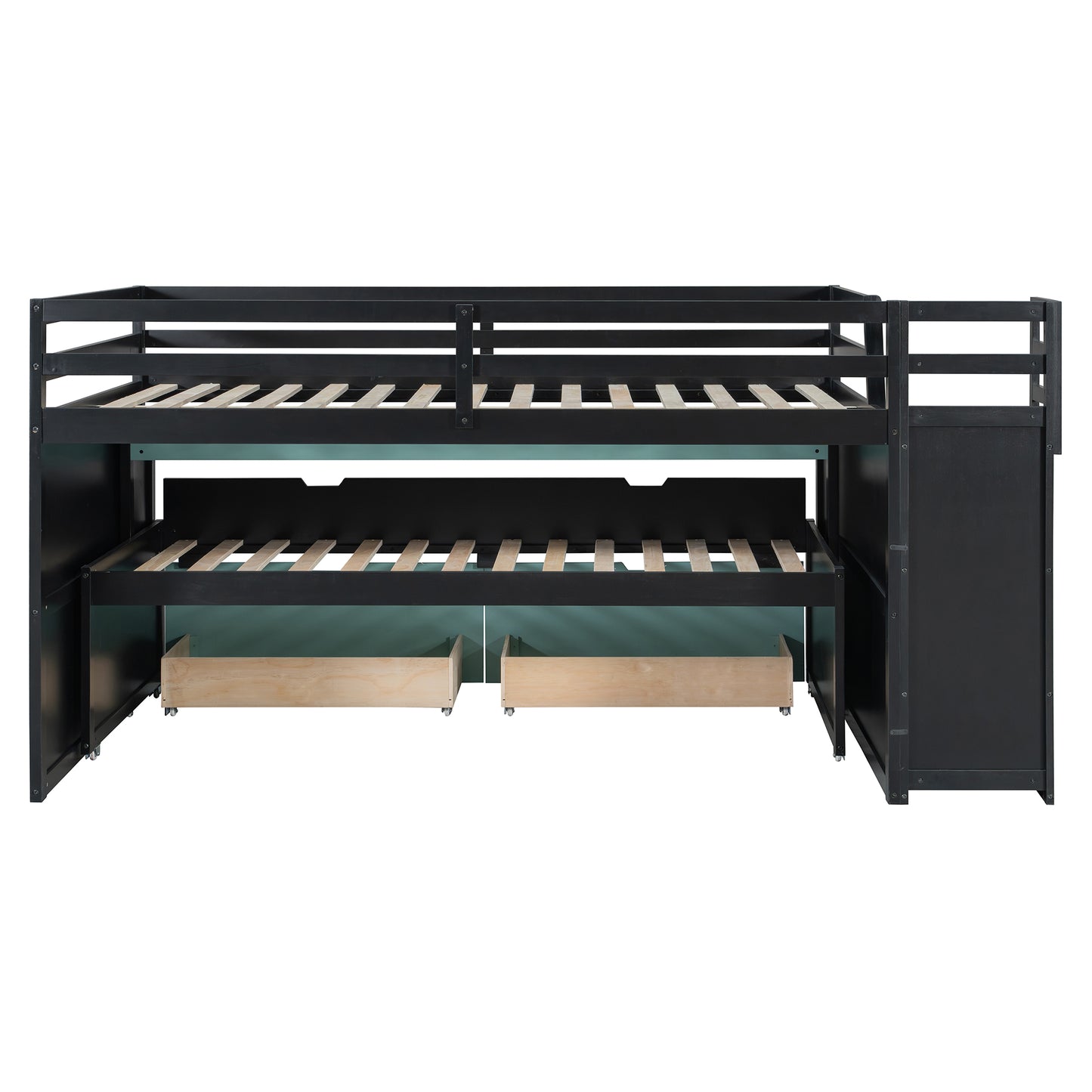 Full XL Loft Bed with Pull-Out Desk and Twin Trundle, Multi-Functional Bunk Bed with 2 Storage Drawers and Storage Steps, Space-Saving Gaming & Workstation Bedframe, Black+Blue image 9
