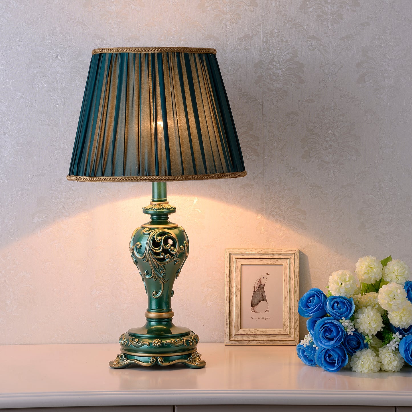 Farmhouse Table Lamps for Living Room Bedroom, Vintage Table Lamp with Nightlight (BULB INCLUDED), Dark Green Hollow Out Resin Lamp for End Table image 1
