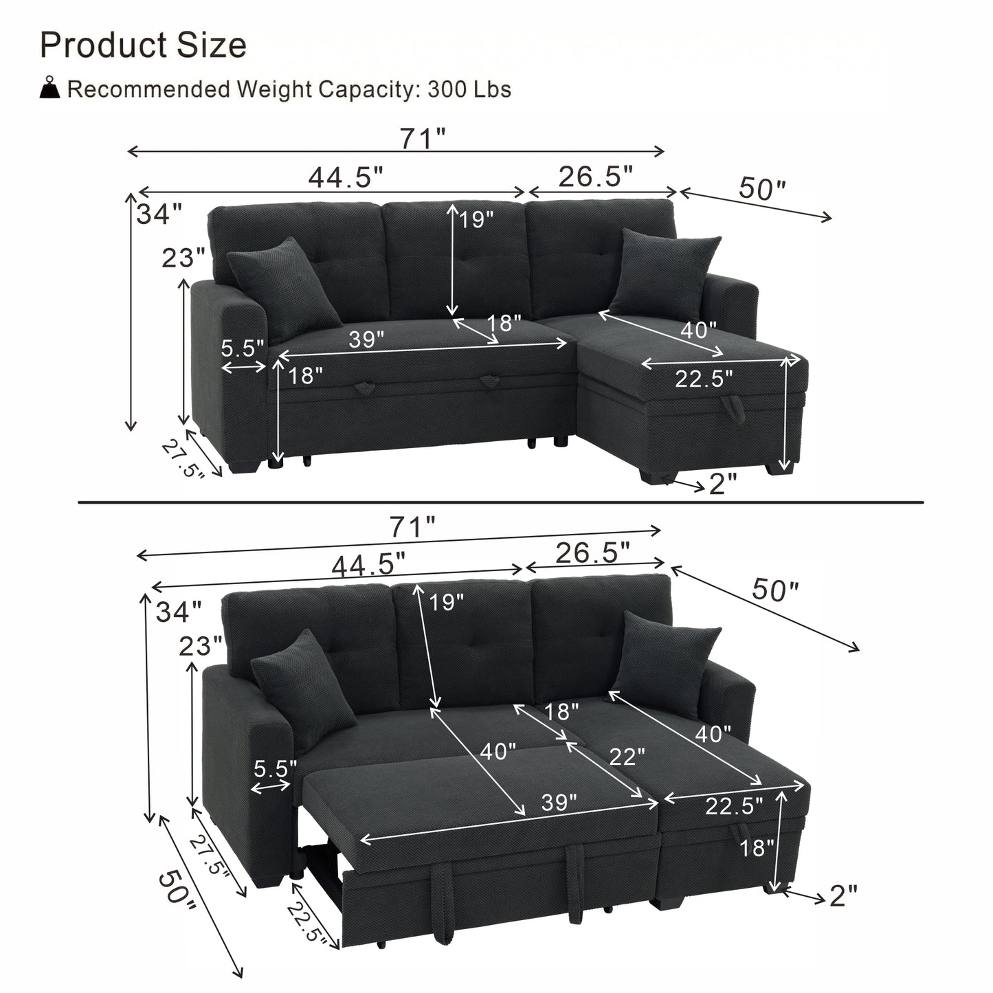 Sleeper Sofa, Sectional with Pull-Out Bed, Reversible Chaise, Storage Sectional, Dark Gray breathable fabric, Small Space Solution, Convertible Sofa Bed, Living Room Furniture, L-Shaped Sofa image 9