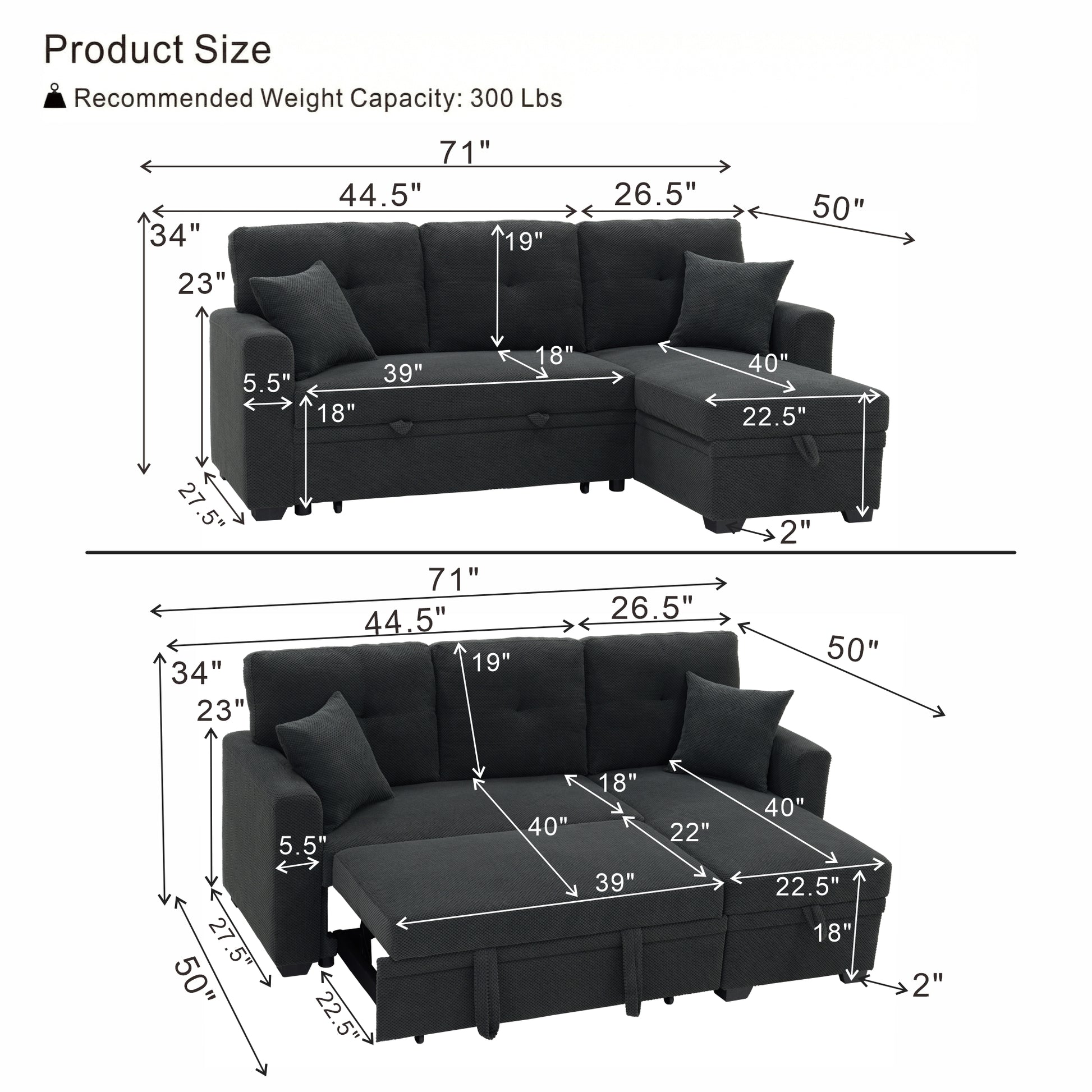 Sleeper Sofa, Sectional with Pull-Out Bed, Reversible Chaise, Storage Sectional, Dark Gray breathable fabric, Small Space Solution, Convertible Sofa Bed, Living Room Furniture, L-Shaped Sofa image 9