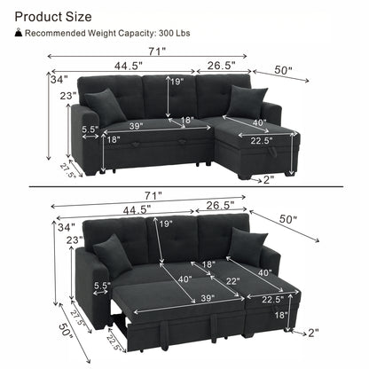 Sleeper Sofa, Sectional with Pull-Out Bed, Reversible Chaise, Storage Sectional, Dark Gray breathable fabric, Small Space Solution, Convertible Sofa Bed, Living Room Furniture, L-Shaped Sofa image 9