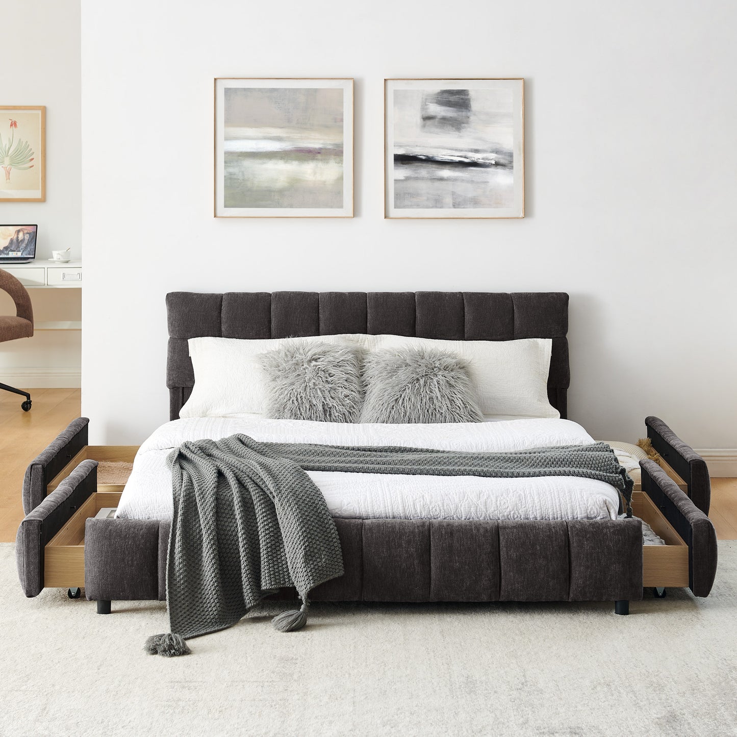 Queen Size Upholstered Bed,comfortable upholstered bed frame, Chenille fabric, with headboard and solid bed frame. With drawer for storage.-Dark Gray(88.5''*68.5''*31'') image 5