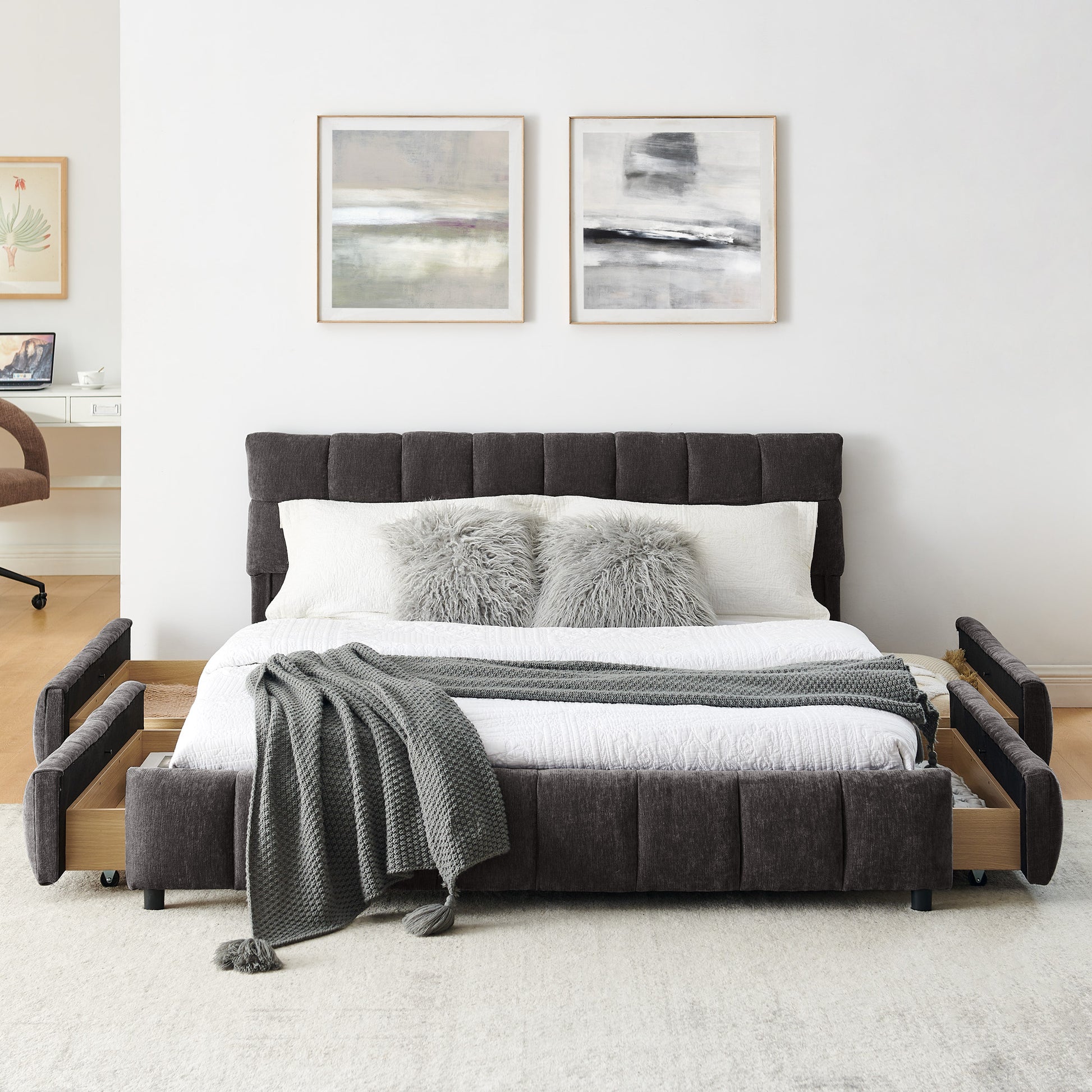 Queen Size Upholstered Bed,comfortable upholstered bed frame, Chenille fabric, with headboard and solid bed frame. With drawer for storage.-Dark Gray(88.5''*68.5''*31'') image 5