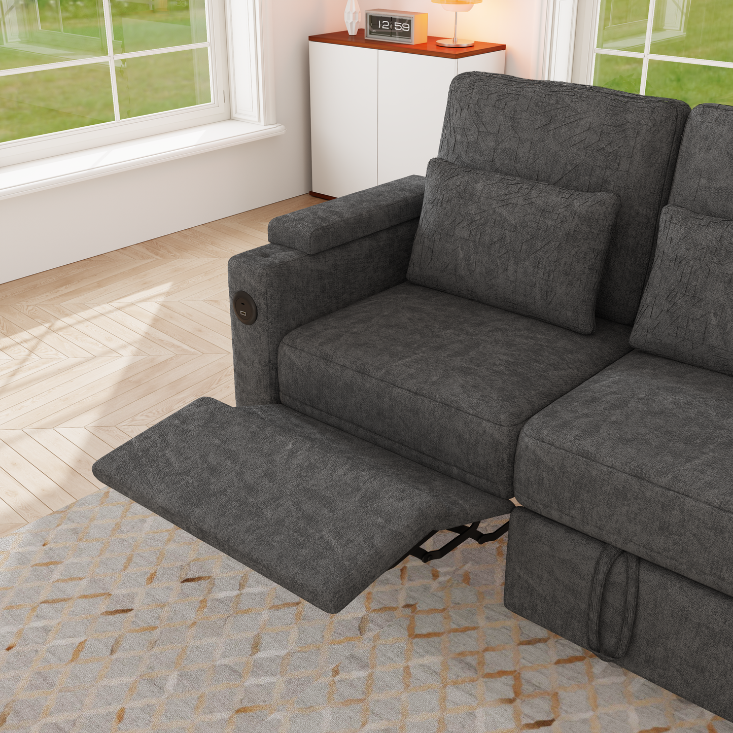 81-inch 3-in-1 foldable three-person sofa bed with a table board and USB ports, armrests with storage function. High-quality chenille three-person sofa. The sofa bed features adjustable backrest and p image 11