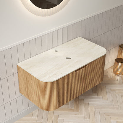 DINA 36'' Wall Mounted Plywood Cabinet with 1 Drawer, Roman travertine Sintered Stone Countertop, NO Basin, NO Faucet and Drain, Natural Woodgrain Color image 2