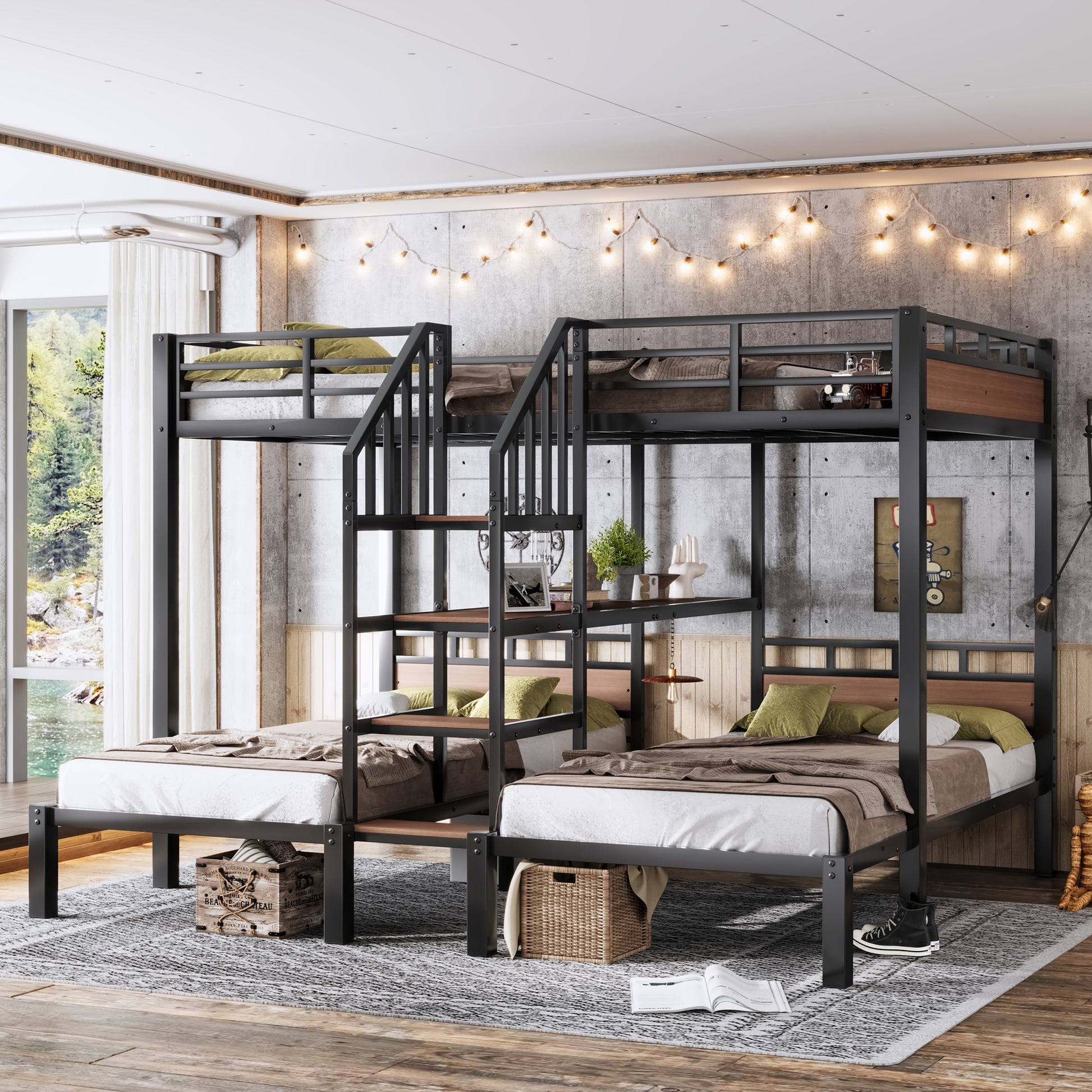 Full over Twin over Twin(Full XL over Twin over Twin) Metal Bunk Bed,triple metal bunk bed with Storage shelves and storage stairs,Black image 3