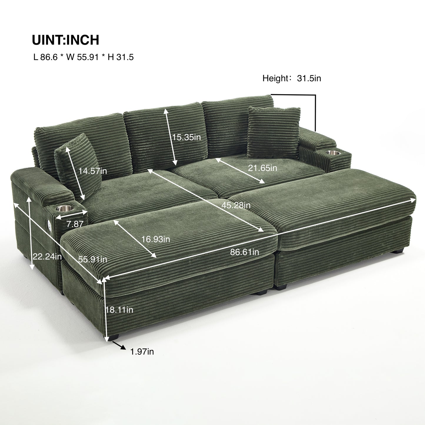 [VIDEO/New]Combination Modular Convertible Sectional Sofa Bed Set,Armrest storage, Stainless steel cup holder, USB, Upholstered Sofa, Deep Seat, Living Room, Loft, Apartment, Office, Green image 11