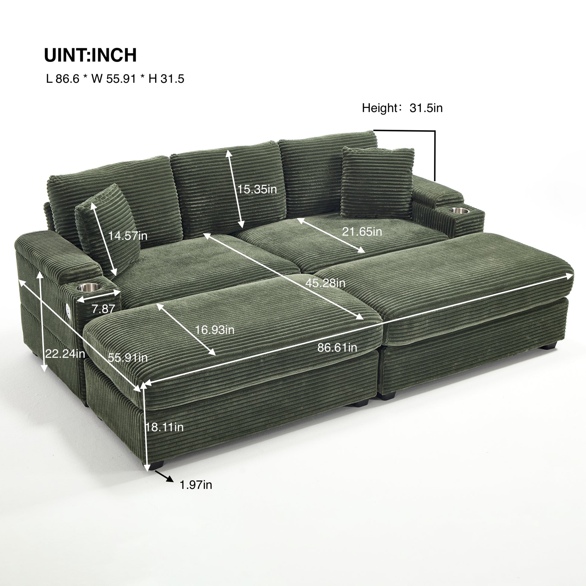 [VIDEO/New]Combination Modular Convertible Sectional Sofa Bed Set,Armrest storage, Stainless steel cup holder, USB, Upholstered Sofa, Deep Seat, Living Room, Loft, Apartment, Office, Green image 11