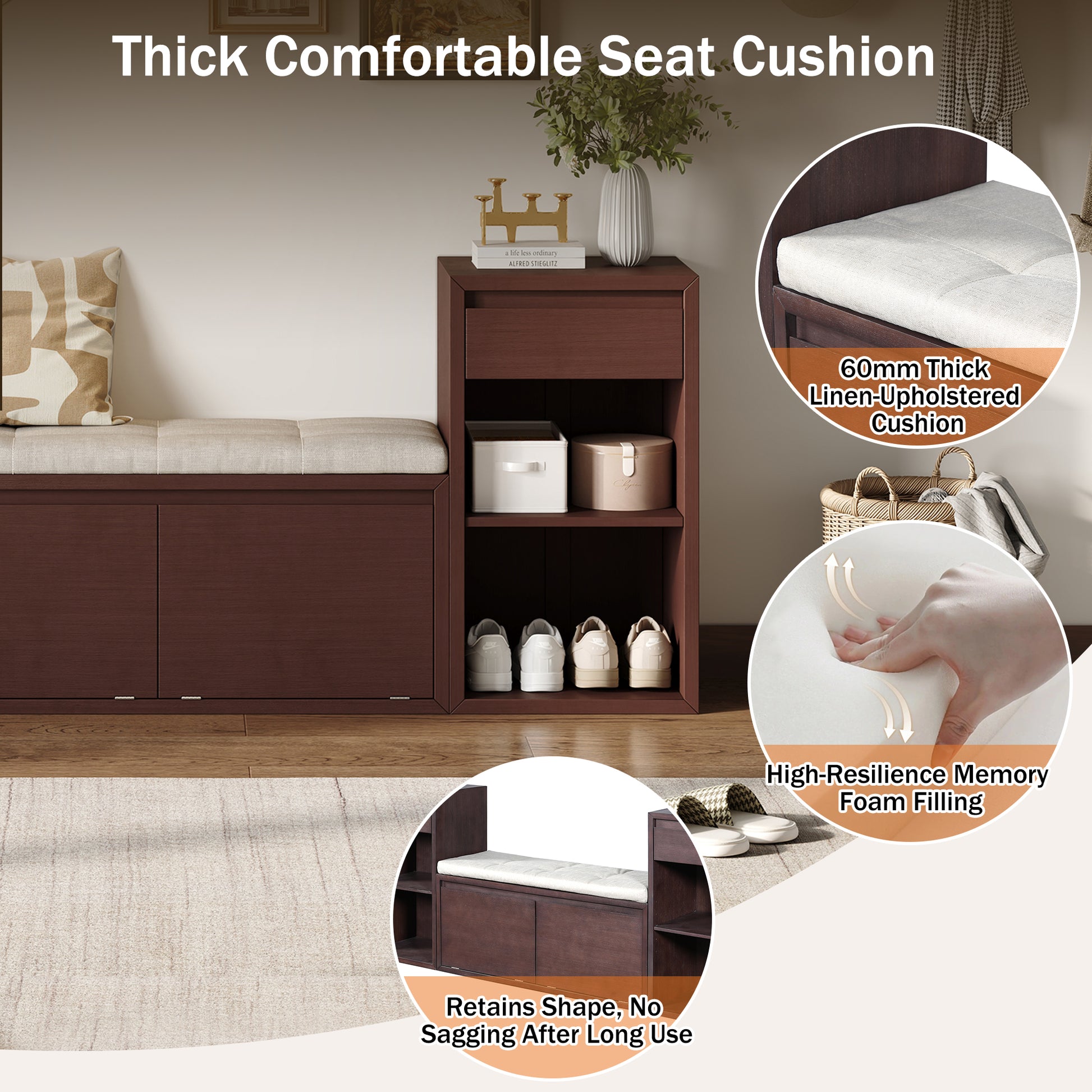 TREXM All-in-One Entryway Storage Bench with Cushion, Compartments, Drawers & Open Shelves, Storage Bench for Hallway, Mudroom, Living Room(Espresso) image 12
