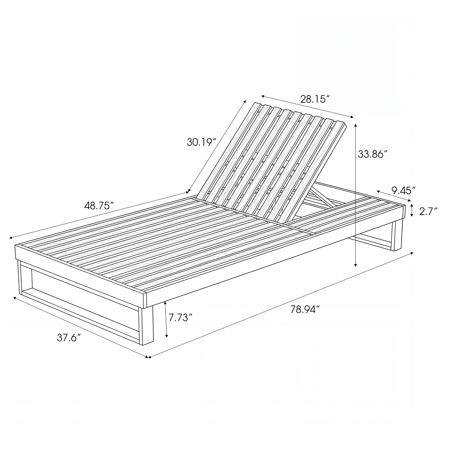 Black Acacia Wood Chaise Lounge with 4-Inch Cream 2-FoldCushion Set, 4-Position Adjustable Outdoor Patio Lounger with Flat Side Surface, for Poolside- Matching dark grey version available image 3