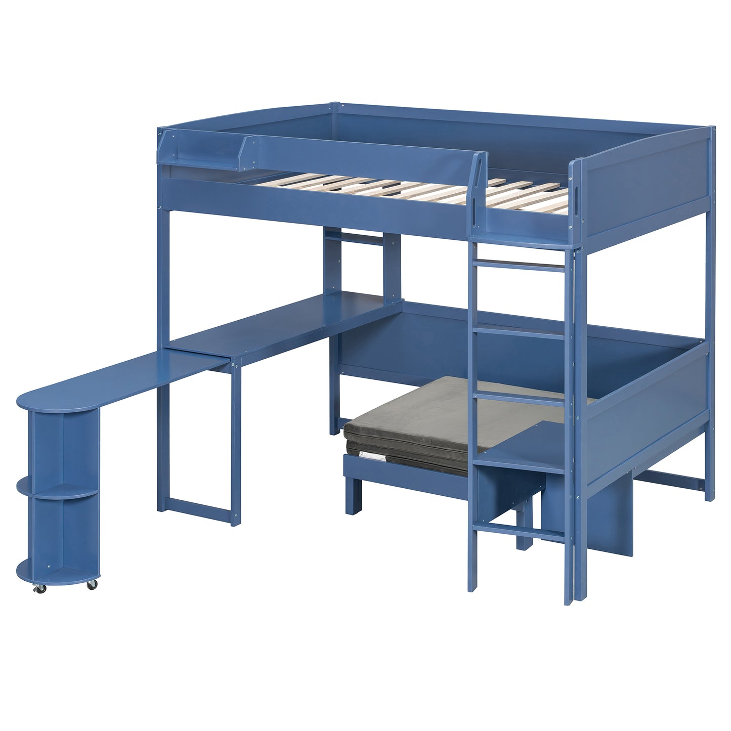 Full Size Wood Loft Bed with Desk, Bedside Storage Shelf, Sofa and Light, Navy Blue image 7