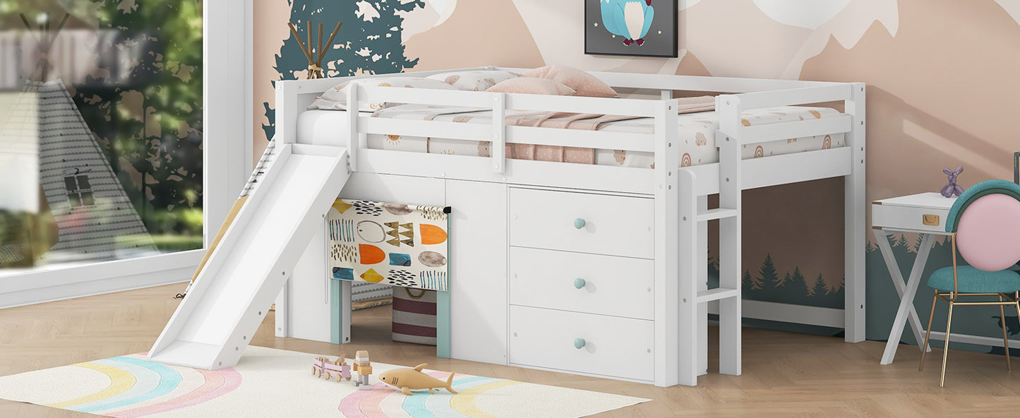 Full Size Low Loft Bed with Slide,Three Storage Drawers and Two Doors,White image 6