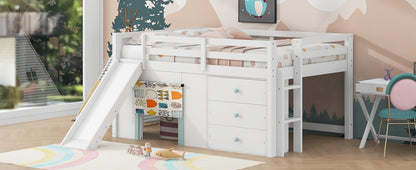 Full Size Low Loft Bed with Slide,Three Storage Drawers and Two Doors,White image 6