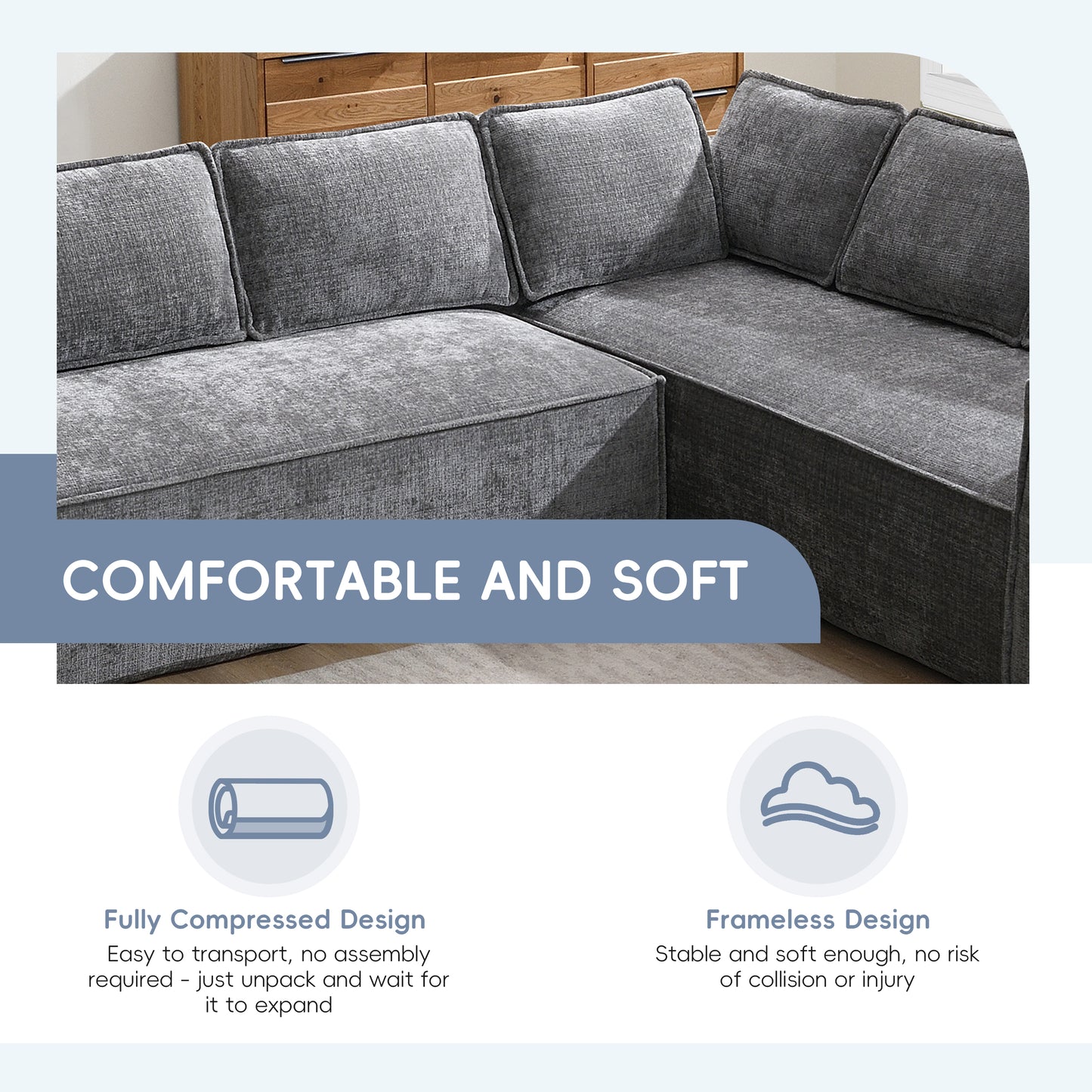 [VIDEO+New]129.5" Minimalist Style Modular Sectional Sofa,6 Seat Wrinkle-resistant Chenille Couch Set,2 PC Free Combination,Modern L-Shaped Cloud Sofa Set for Living Room,No Assembly Require,3 Colors image 7