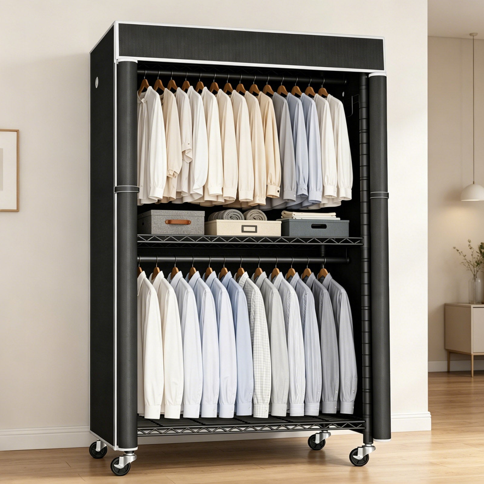 Freestanding Garment Rack with Dust Cover, Single Hanging Rod Metal Clothes Closet with Storage Shelf, Side Hooks & Rolling Wheels, Portable Clothing Wardrobe Organizer for Bedroom Storage image 8