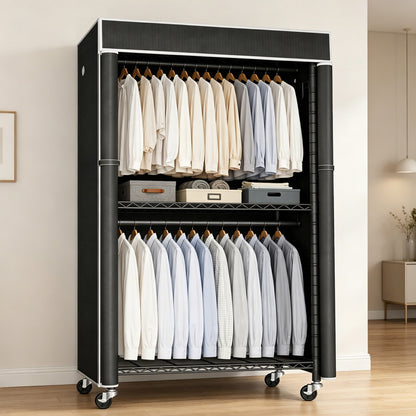 Freestanding Garment Rack with Dust Cover, Single Hanging Rod Metal Clothes Closet with Storage Shelf, Side Hooks & Rolling Wheels, Portable Clothing Wardrobe Organizer for Bedroom Storage image 8