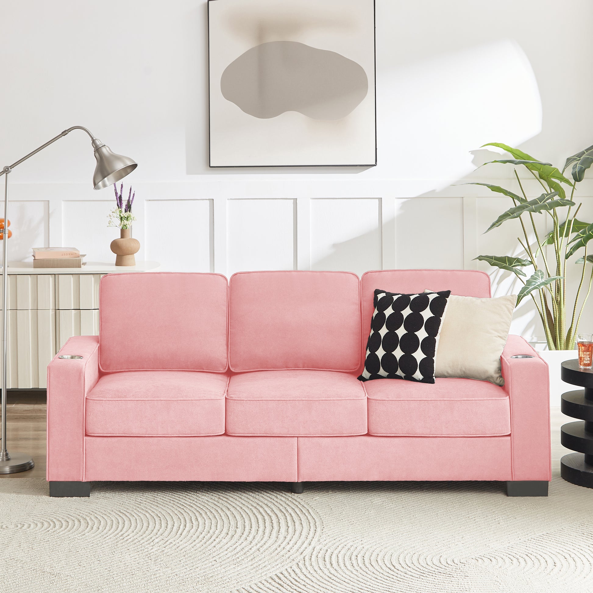 83.86"Snowfleece Fabric sofa,Modern Compressed Couch,3-Seater Sofa, Furniture for Living Room,Bedroom,office,Pink image 2