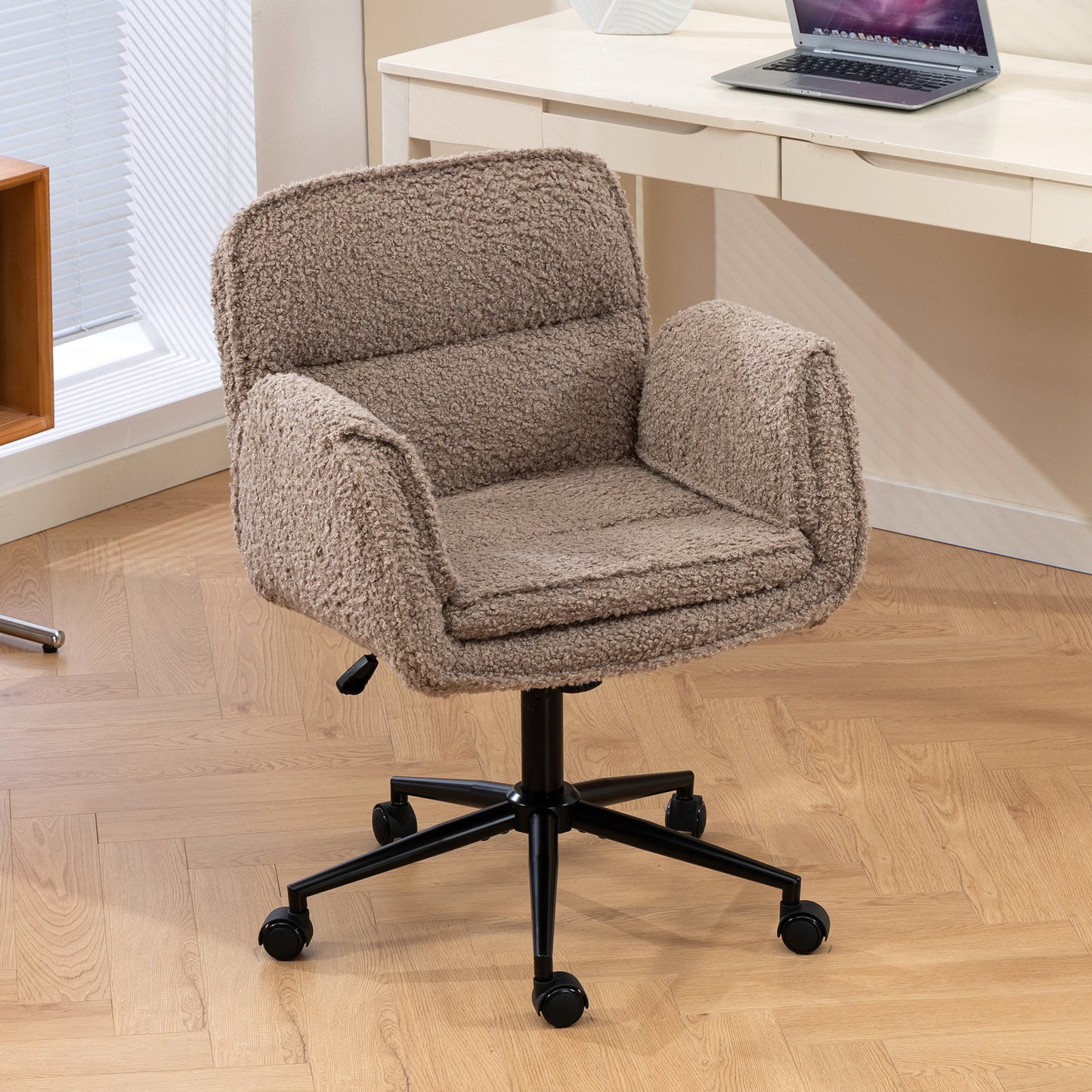Criss Cross Chair with 5-Gear Adjustable Armrests & Wheels, Ergonomic Thickened Backrest Swivel Desk Chair for Home Office, Vanity, Bedroom and Living Room,brown Teddy fleece image 2