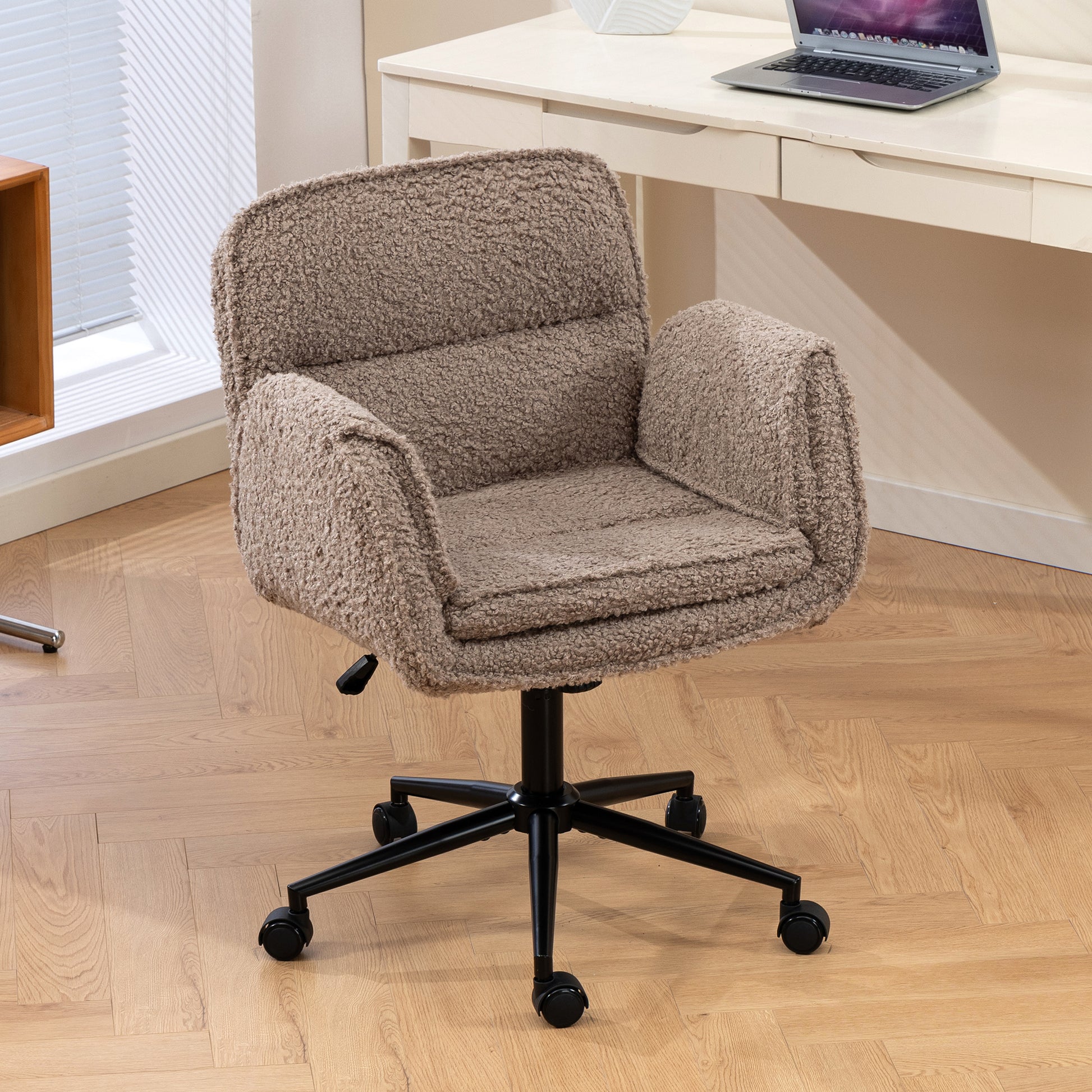 Criss Cross Chair with 5-Gear Adjustable Armrests & Wheels, Ergonomic Thickened Backrest Swivel Desk Chair for Home Office, Vanity, Bedroom and Living Room,brown Teddy fleece image 2