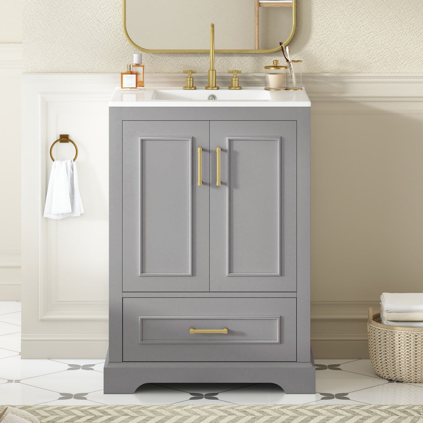 24"Bathroom Vanity with Sink, MDF Cabinet with Solid Wood Frame, 1 Divided Drawer and 2 Soft Close Doors with Double Shelf on the Door, Freestanding Vanity image 3