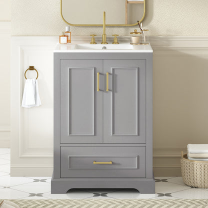 24"Bathroom Vanity with Sink, MDF Cabinet with Solid Wood Frame, 1 Divided Drawer and 2 Soft Close Doors with Double Shelf on the Door, Freestanding Vanity image 3