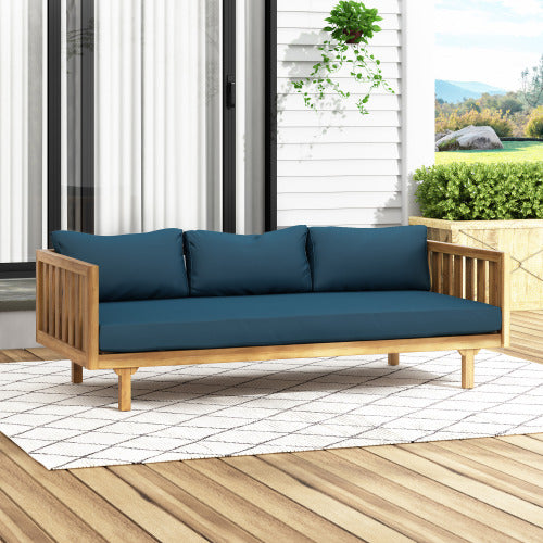 Acacia Wood Patio Furniture Set,Outdoor 3 Seater Daybed(with Water Resistant Thick Cushions)and Round Coffee Table, Dark Teal Cushion image 8