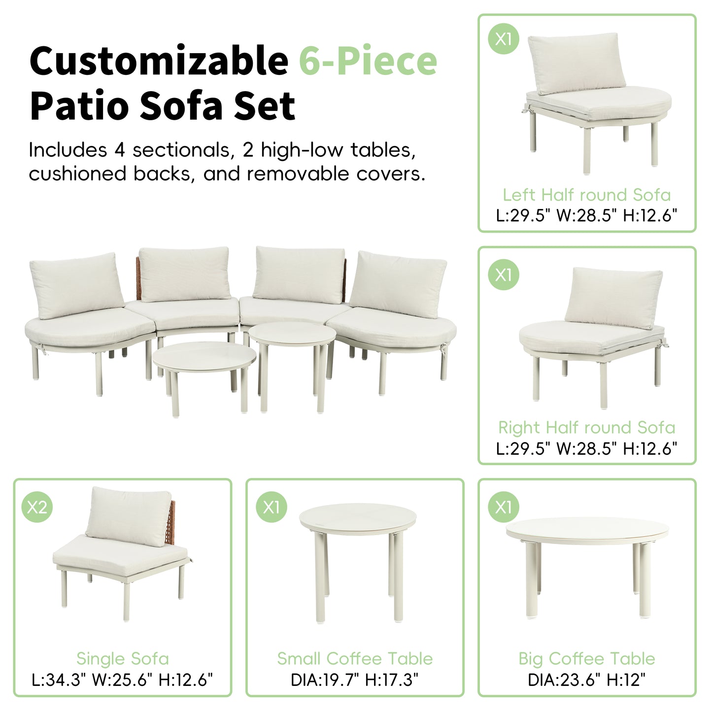 TOPMAX 6-Piece Patio Sofa Furniture Set, Half Moon Outdoor Sectional Sofa with 2 High-Low Coffee Tables, PE Wicker Rattan, Tempered Glass, 4 Pillows & Cushions, for Backyard, Garden, Poolside,Beige image 7