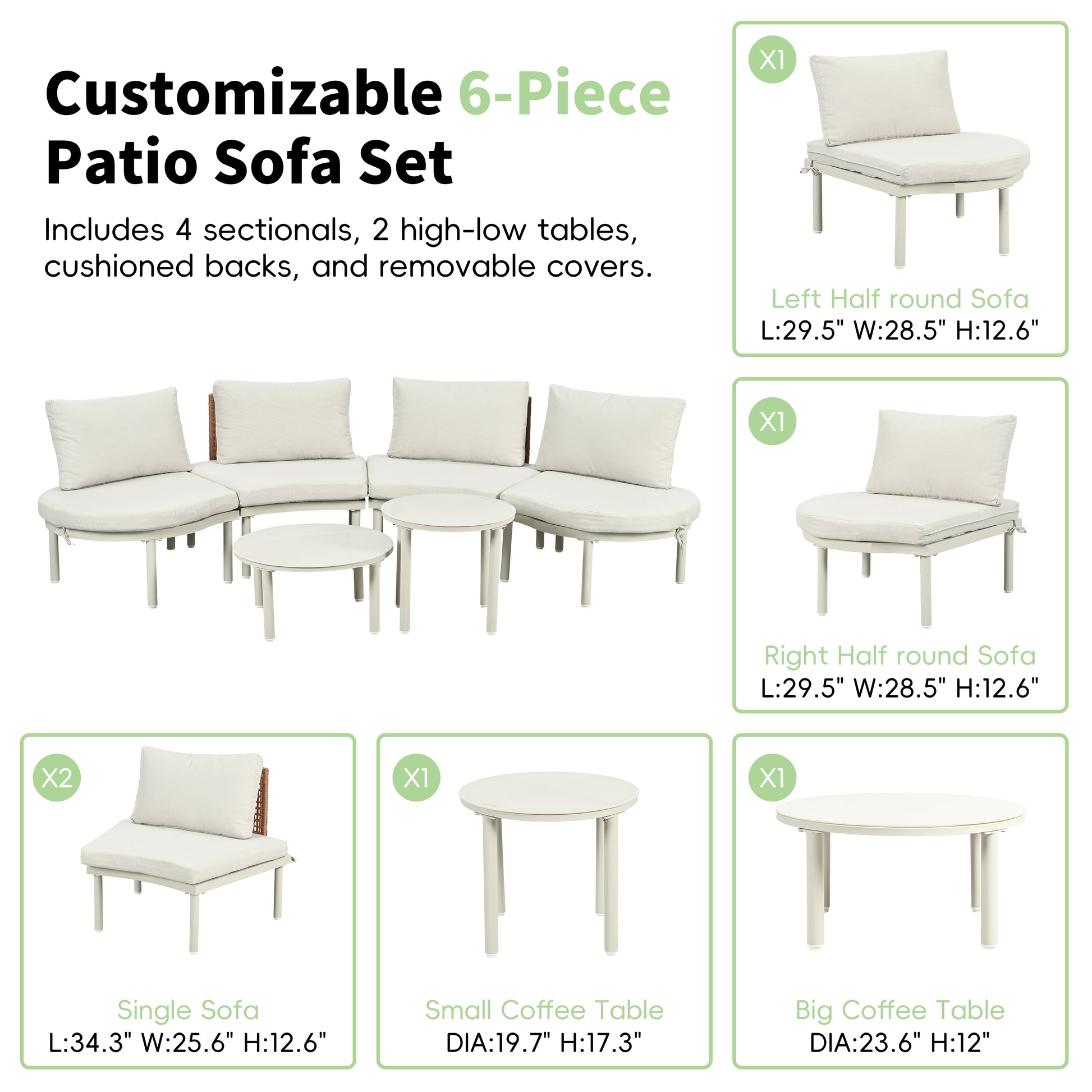 TOPMAX 6-Piece Patio Sofa Furniture Set, Half Moon Outdoor Sectional Sofa with 2 High-Low Coffee Tables, PE Wicker Rattan, Tempered Glass, 4 Pillows & Cushions, for Backyard, Garden, Poolside,Beige image 7