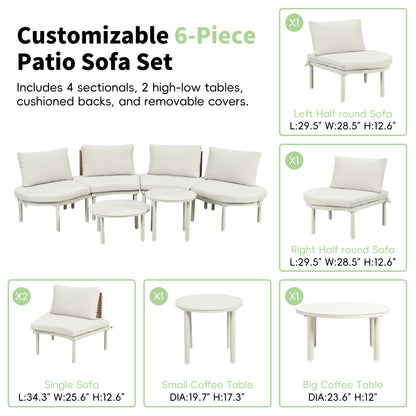 TOPMAX 6-Piece Patio Sofa Furniture Set, Half Moon Outdoor Sectional Sofa with 2 High-Low Coffee Tables, PE Wicker Rattan, Tempered Glass, 4 Pillows & Cushions, for Backyard, Garden, Poolside,Beige image 7