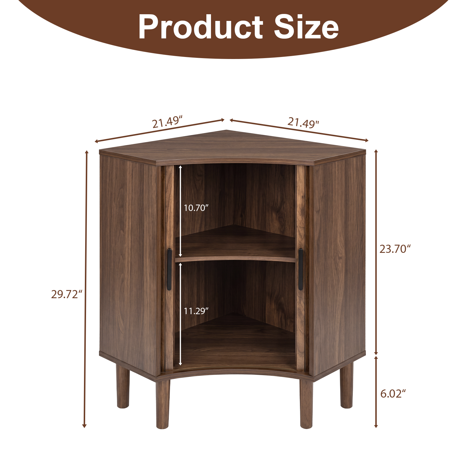 Fluted Corner Cabinet, Small Corner Floor Cabinet with Sliding Doors and Adjustable Shelves, Modern Wooden Freestanding Narrow Storage Cabinet for Small Space,Living Room,Dining Room,Bathroom, Walnut image 7