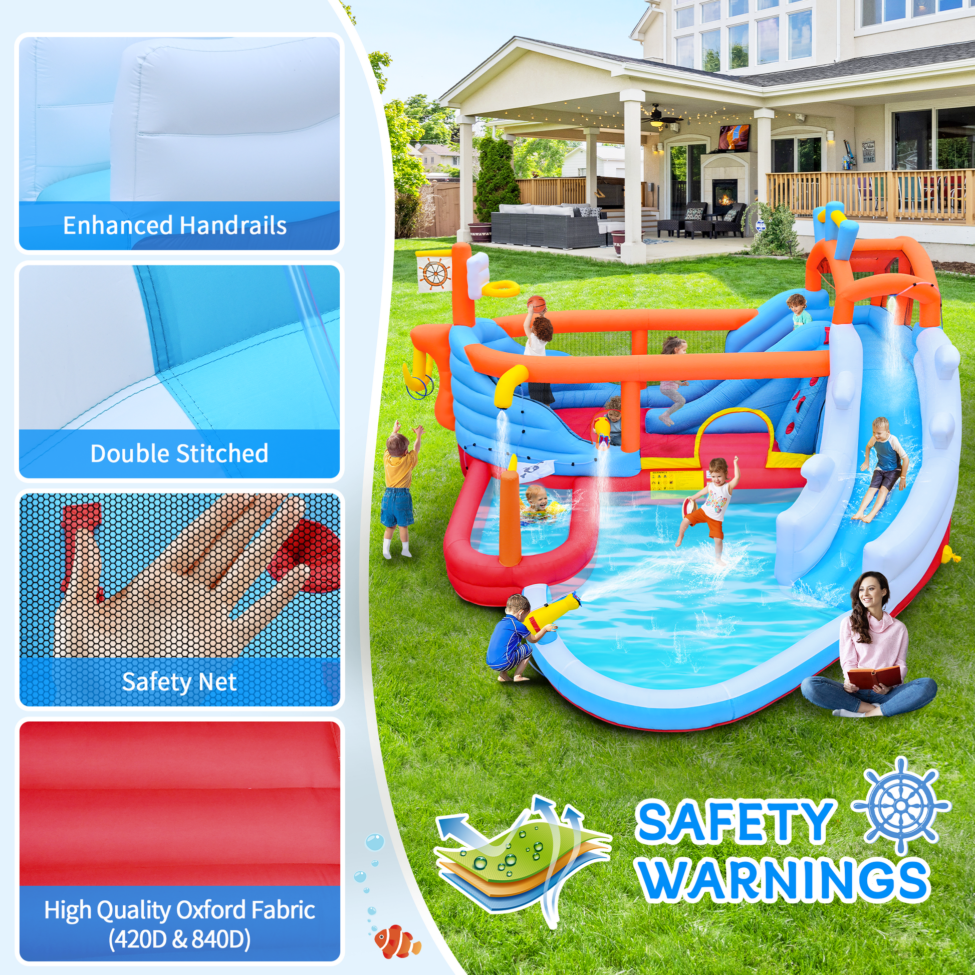 9 in1 Inflatable Slide Water Park Jump Area Dual Slides Climbing Wall Anchor Ring Toss Basketball Hoop Dual Water Guns Shallow and Bathing Poolsfor Kids image 5