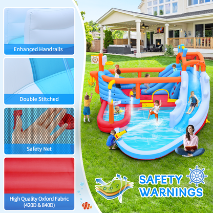 9 in1 Inflatable Slide Water Park Jump Area Dual Slides Climbing Wall Anchor Ring Toss Basketball Hoop Dual Water Guns Shallow and Bathing Poolsfor Kids image 5