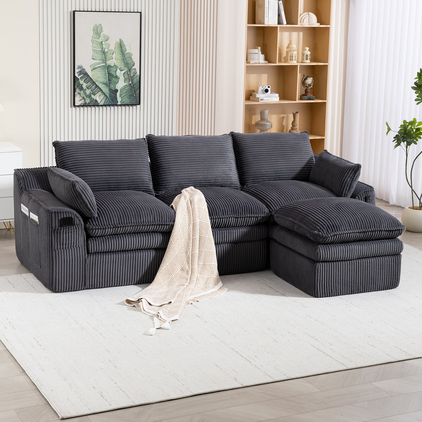 L Shaped Compressed Modular Sectional Sofa Modern Corduroy Upholstered Boneless Couches with Movable Footstool,With Three Pillows and Two Lumbar Pillows,Detachable Cloud Seat Cushions image 1