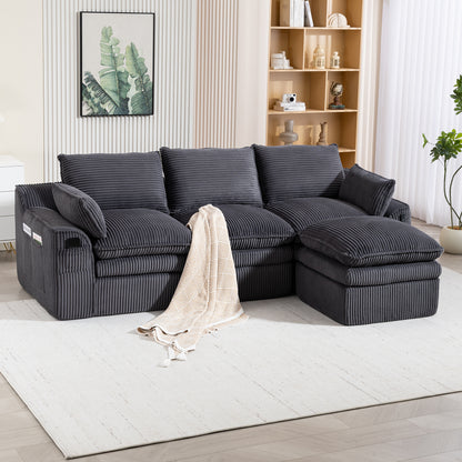 L Shaped Compressed Modular Sectional Sofa Modern Corduroy Upholstered Boneless Couches with Movable Footstool,With Three Pillows and Two Lumbar Pillows,Detachable Cloud Seat Cushions image 1