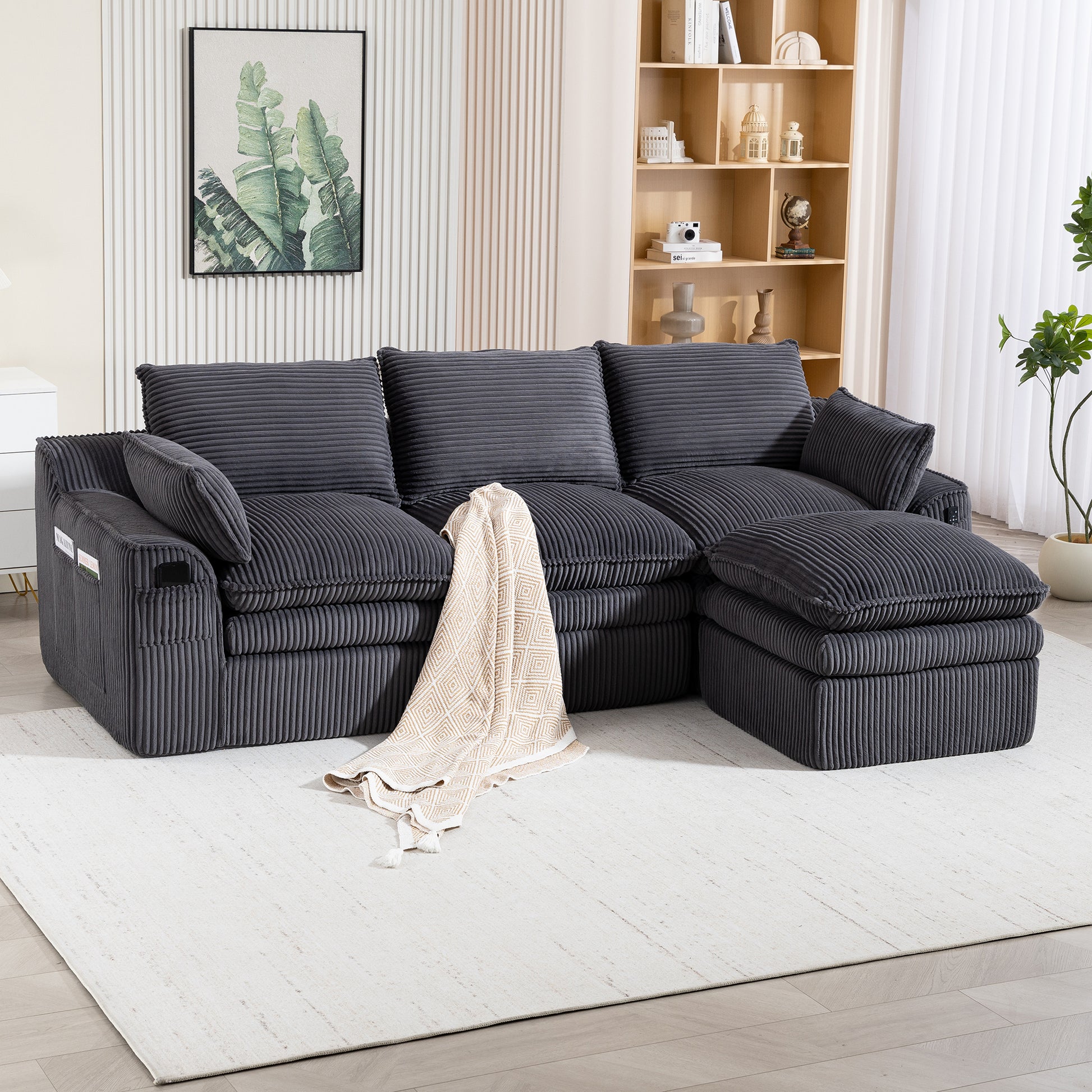 L Shaped Compressed Modular Sectional Sofa Modern Corduroy Upholstered Boneless Couches with Movable Footstool,With Three Pillows and Two Lumbar Pillows,Detachable Cloud Seat Cushions image 1