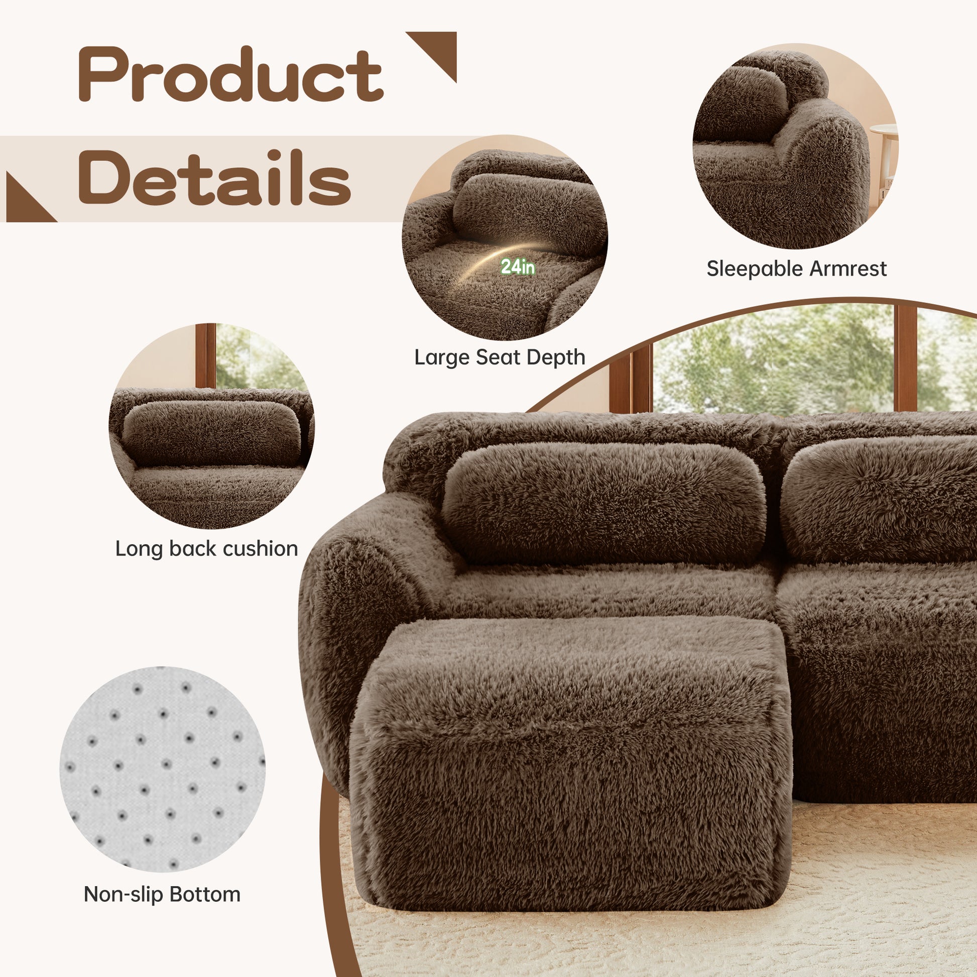 L-shaped Boneless Sofa,Soft Fluffy Plush Fabric,With Chaise 32D High Density Sponge,No Assembly Required,Ergonomic Design Bottom Anti-Slip Design,With Throw Pillows,Fits Bedrooms,Chocolate image 9