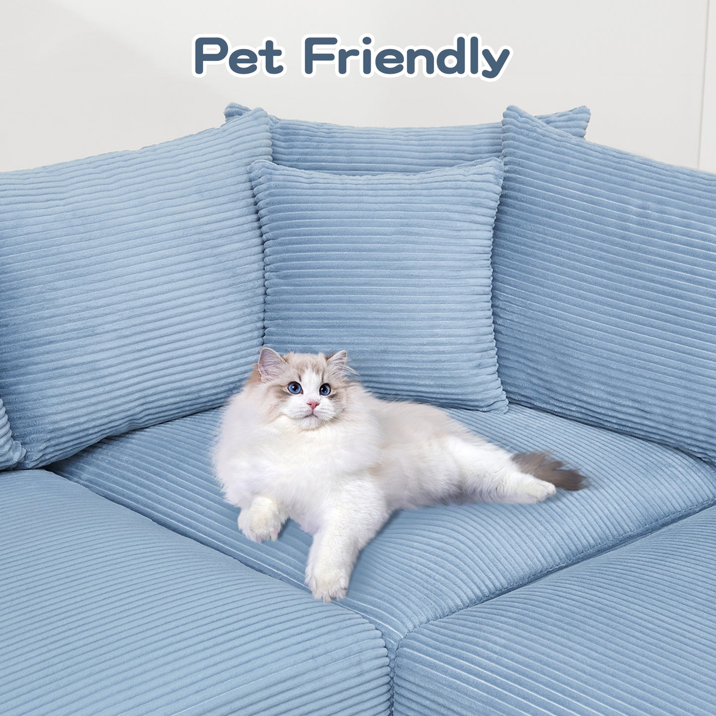 82.6" Oversized Cloud Modular L-Shape Sectional Couch,Soft Corduroy Fabric, With An Ottoman,Deep Seat Wide Armrests, Ergonomic Design,6 Throw Pillows, Easy Assembly,For Living Rooms, Lounges,Blue image 9