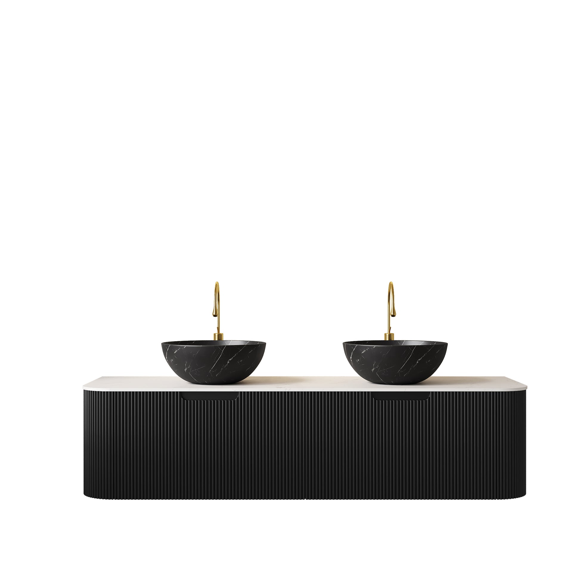 DINA 60" Bathroom Vanity&Sinks, Floating Curved Edges Striped Storage Cabinet with 2 Drawers, 2 Matte Stone Black Bowl Ceramic Basins&Carrara White Sintered Stone Top, Pre-assembled, Black Color image 3