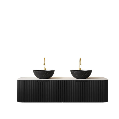 DINA 60" Bathroom Vanity&Sinks, Floating Curved Edges Striped Storage Cabinet with 2 Drawers, 2 Matte Stone Black Bowl Ceramic Basins&Carrara White Sintered Stone Top, Pre-assembled, Black Color image 3