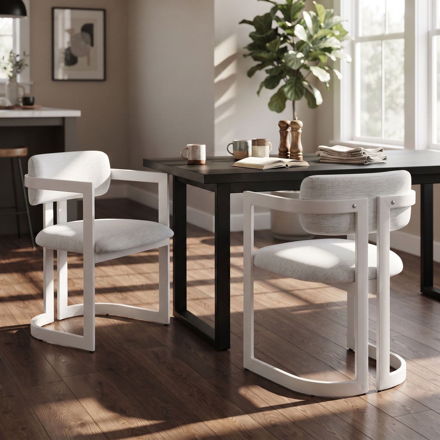 Upholstered Dining Chairs Set of 2, Fabric Armchairs with Beige Seating White Metal Frame, 265 LBS Weight Capacity image 4
