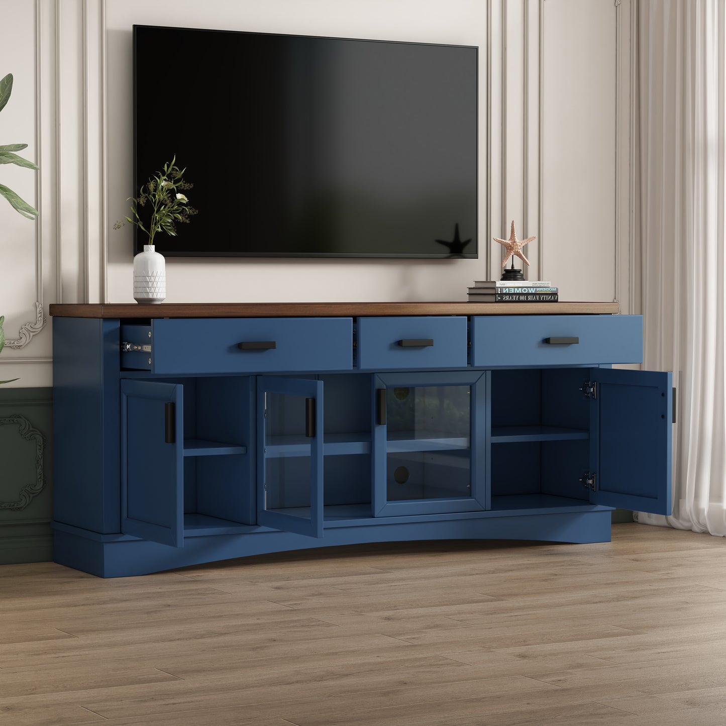 Modern Blue TV Console, 67" Width TV Stand, Glass Doors & Storage Drawers, Adjustable Shelves (Old SKU:N779P296233B) image 2