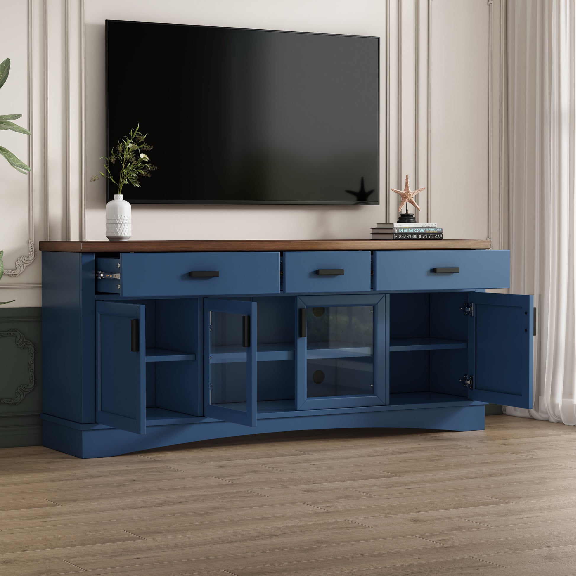 Modern Blue TV Console, 67" Width TV Stand, Glass Doors & Storage Drawers, Adjustable Shelves (Old SKU:N779P296233B) image 2