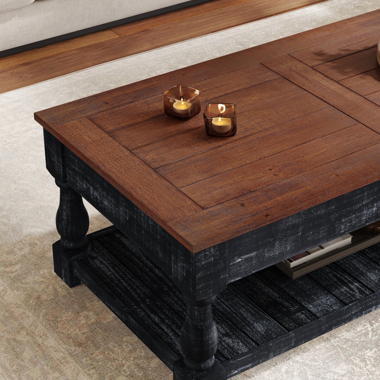 Retro Lift-Top Coffee Table with Storage for Living Room, Hidden Compartment & Lower Shelf, Espresso & Weathered Black Finish image 5