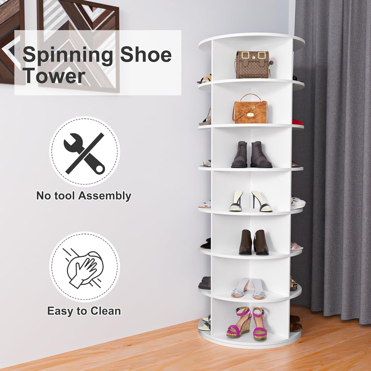 7 Tier Rotating Shoe Rack Tower, Spinning Shoe Display, 360 Shoe Rack Storage Round Carousel, Vertical Handbag Rotate Shoes Closet Organization (WHITE) image 10
