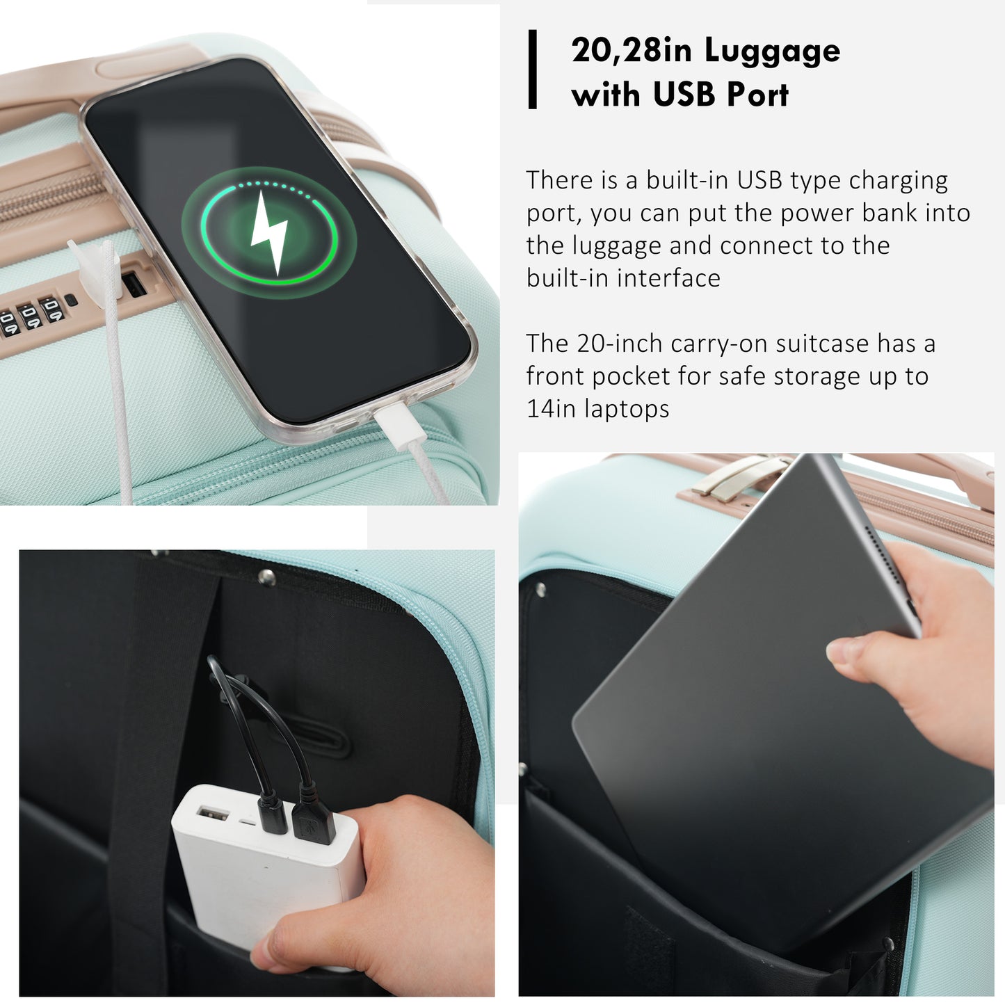 4-Piece Luggage Set with USB Charging Ports - 20in Carry-On (Front-Opening for Laptop) 28in Checked Suitcase with TSA Lock Travel Duffel Bag Wet-Dry Toiletry Bag, grey green image 2