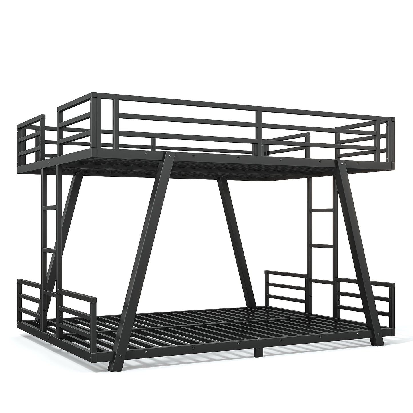 Queen over Queen Bunk Bed with 2 Side Ladders, Metal Bunk Bed with Spdcial Support Leg Design, Low Profile Bunk Bed, Black image 8