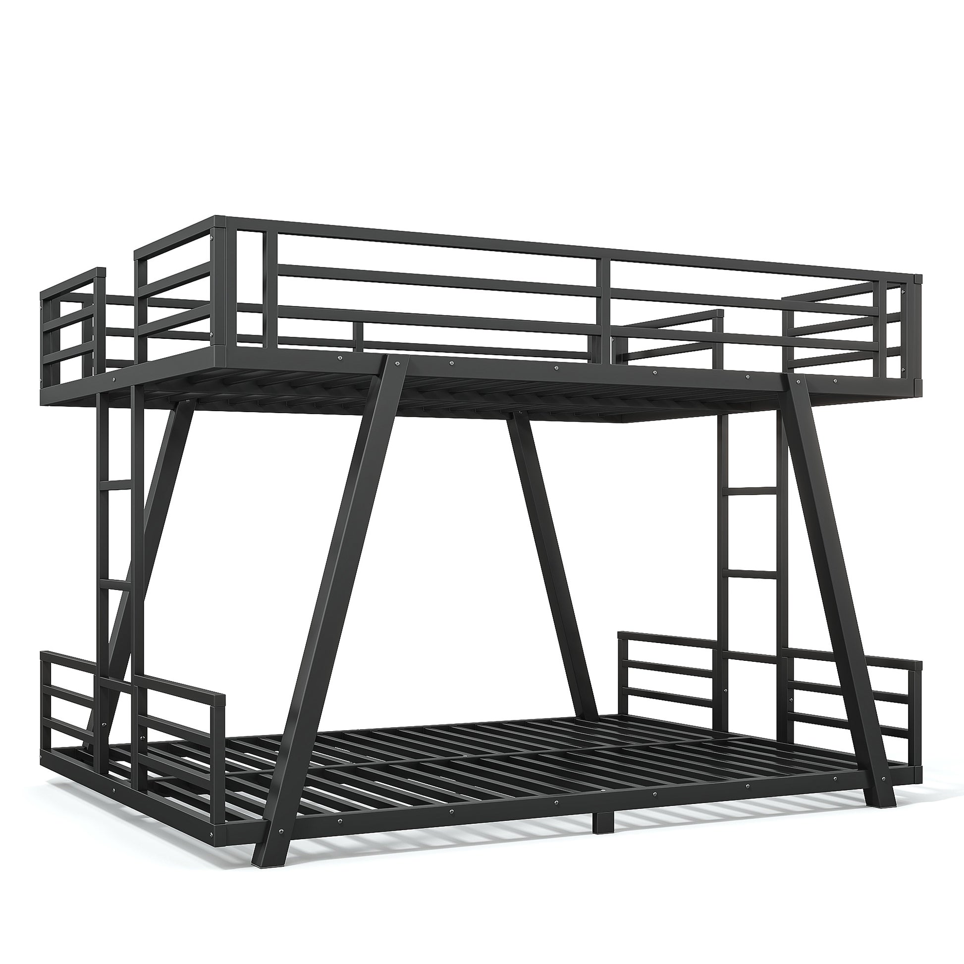 Queen over Queen Bunk Bed with 2 Side Ladders, Metal Bunk Bed with Spdcial Support Leg Design, Low Profile Bunk Bed, Black image 8