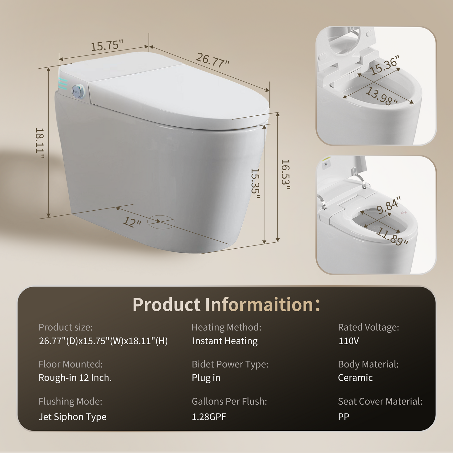 Tankless Smart Toilet With Bidet Built In, One-piece Bidet Toilet Seat, Auto Flush, Auto Open/Close,Heated Seat, Warm Water and Dry, Adjustable Temp,Remote Control Side Know image 2