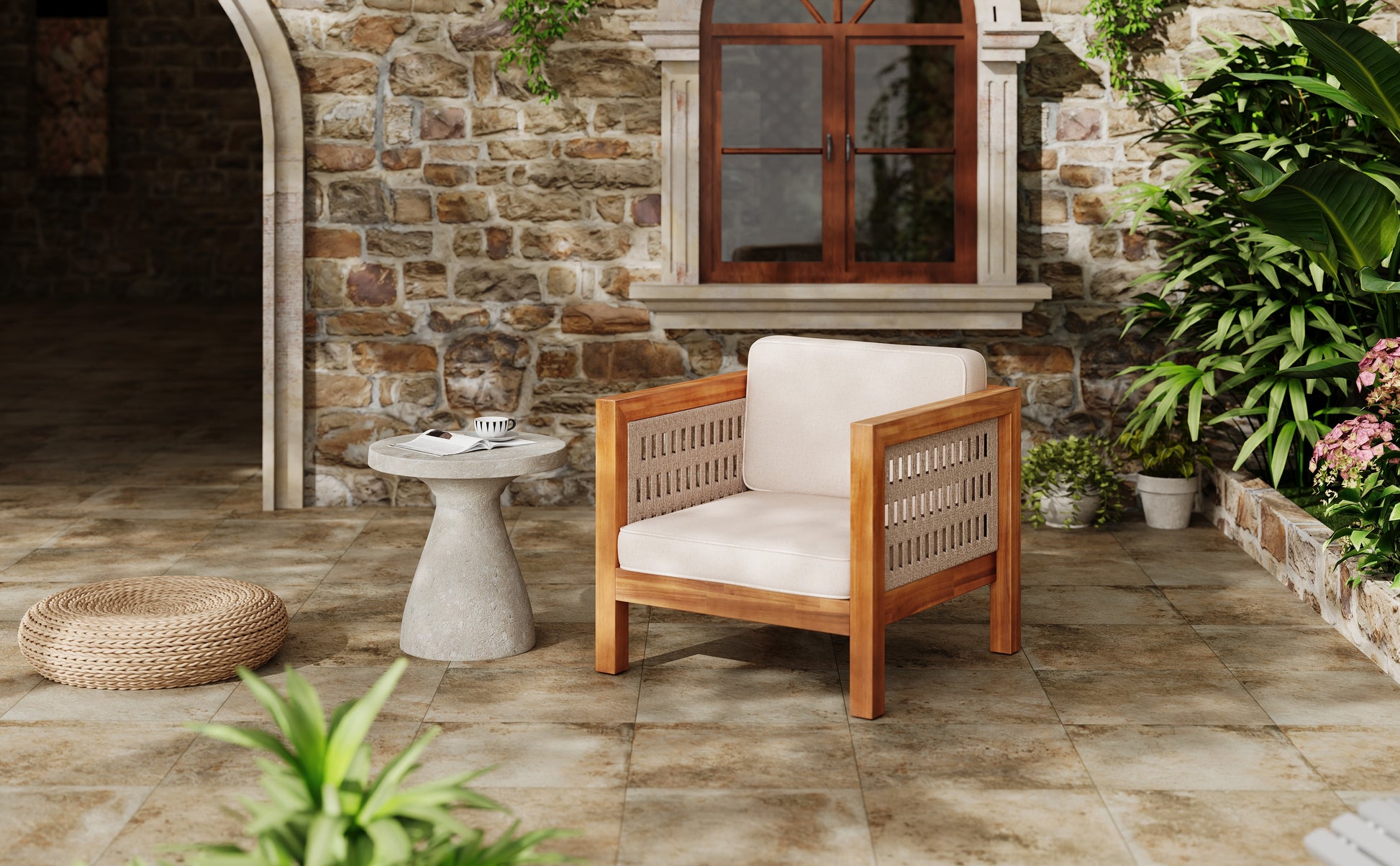 Acacia Wood Outdoor Club Chair with Beige Rope Arm and Beige Cushions,400 lbs Capacity image 2
